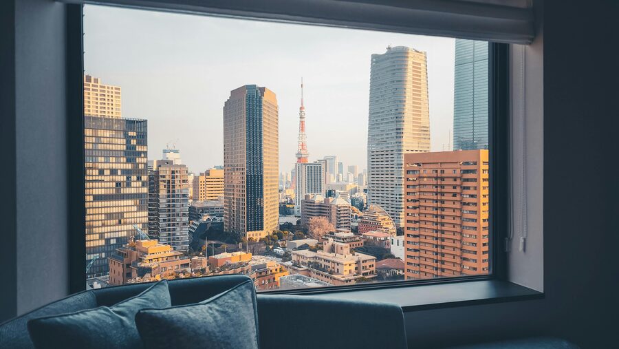Interior of a compact Tokyo business hotel room with single bed